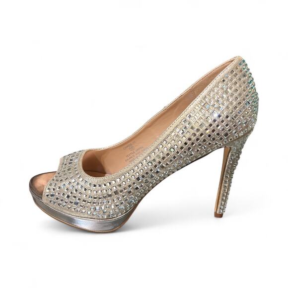 Lauren Lorraine Candie-12 Silver Nude Crystal Peep Toe Platform Heel 10 - Picture 1 of 12